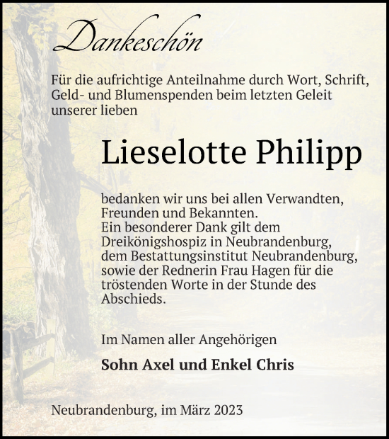 Traueranzeige von Lieselotte Philipp von Neubrandenburger Zeitung