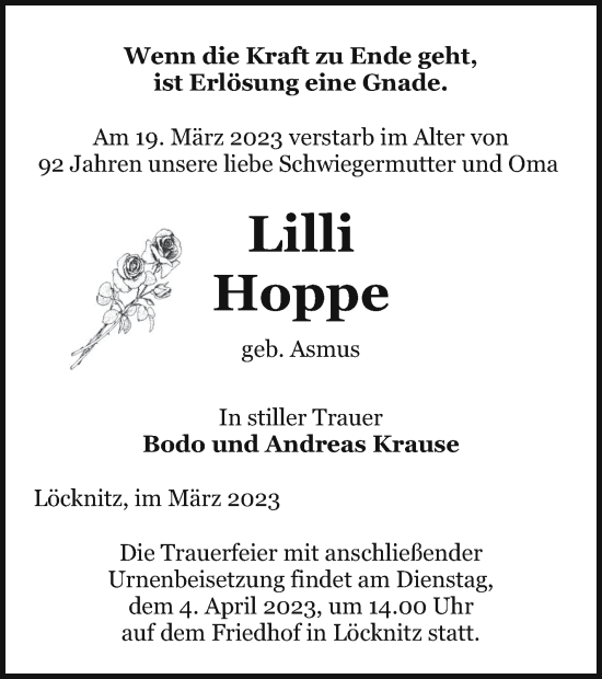 Traueranzeige von Lilli Hoppe von Pasewalker Zeitung