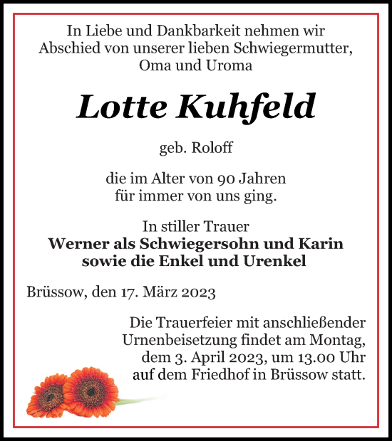 Traueranzeige von Lotte Kuhfeld von Prenzlauer Zeitung