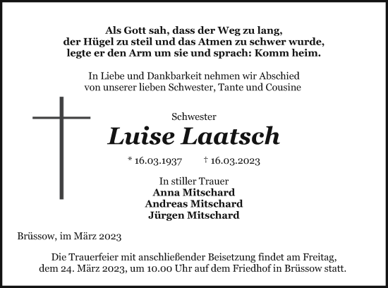 Traueranzeige von Luise Laatsch von Prenzlauer Zeitung