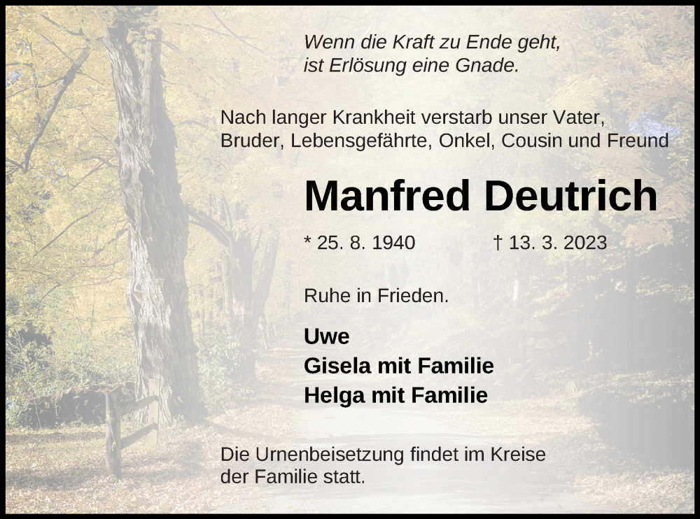  Traueranzeige für Manfred Deutrich vom 18.03.2023 aus Müritz-Zeitung
