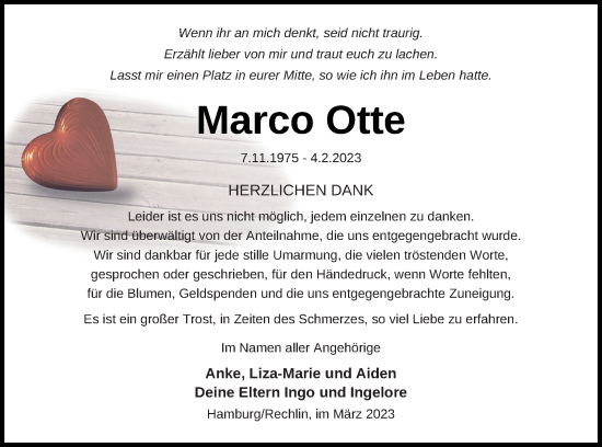 Traueranzeige von Marco Otte von Müritz-Zeitung