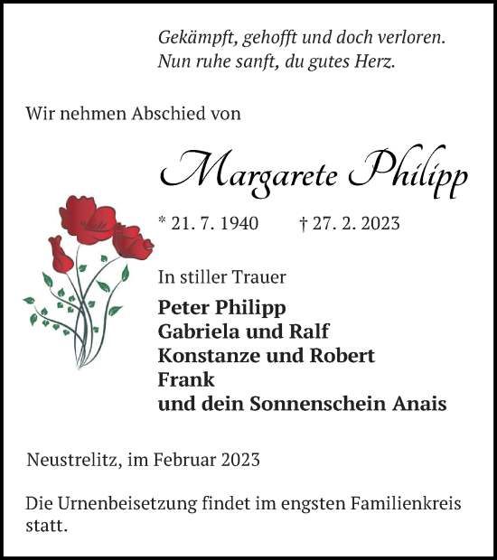 Traueranzeige von Margarete Philipp von Strelitzer Zeitung