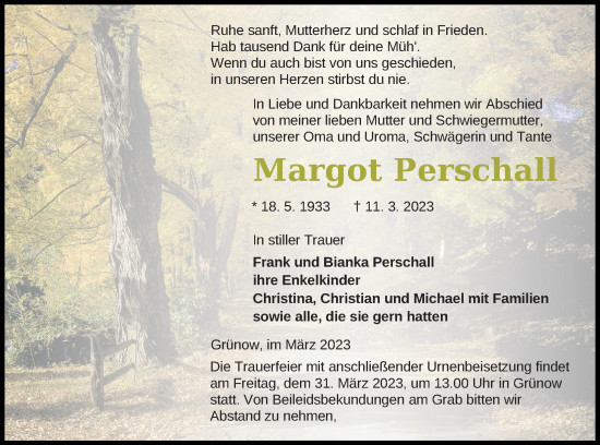 Traueranzeige von Margot Perschall von Strelitzer Zeitung