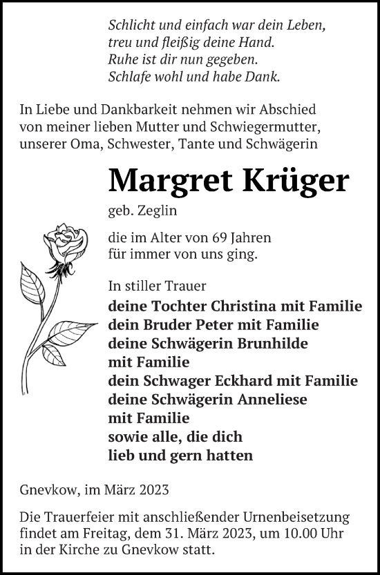 Traueranzeige von Margret Krüger von Neubrandenburger Zeitung