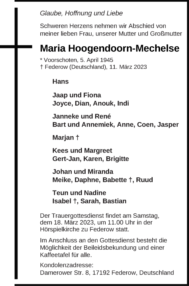 Traueranzeige für Maria Hoogendoorn-Mechelse vom 16.03.2023 aus Müritz-Zeitung