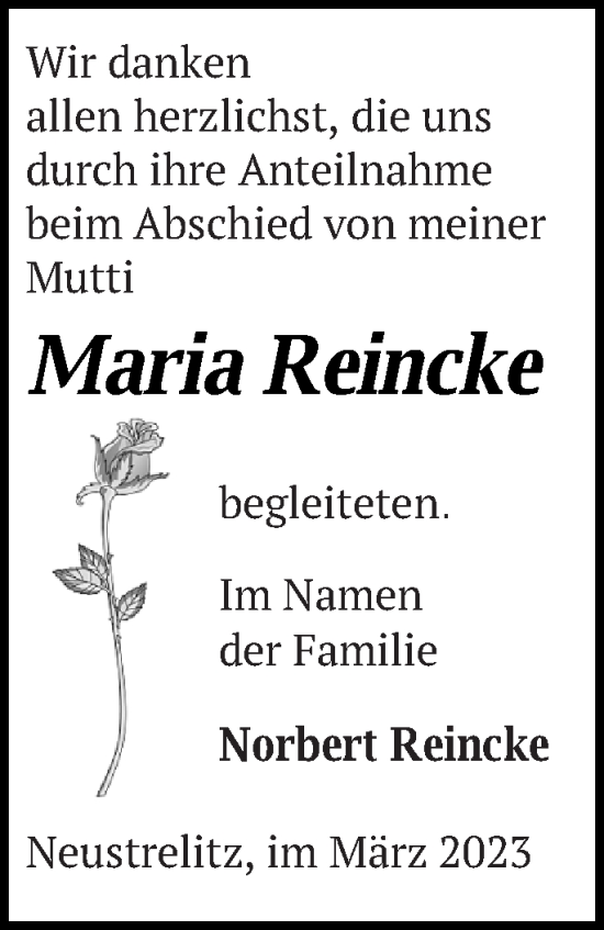 Traueranzeige von Maria Reincke von Strelitzer Zeitung