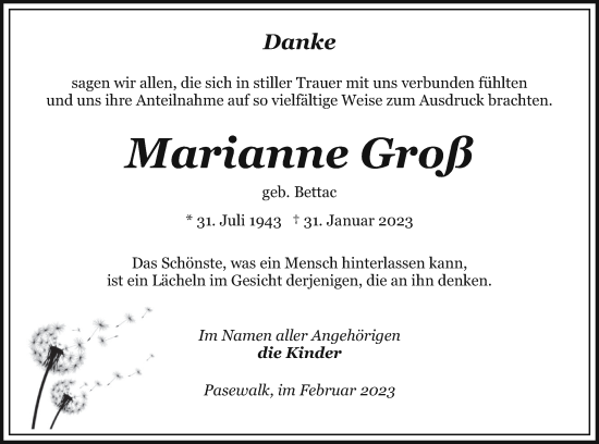 Traueranzeige von Marianne Groß von Pasewalker Zeitung