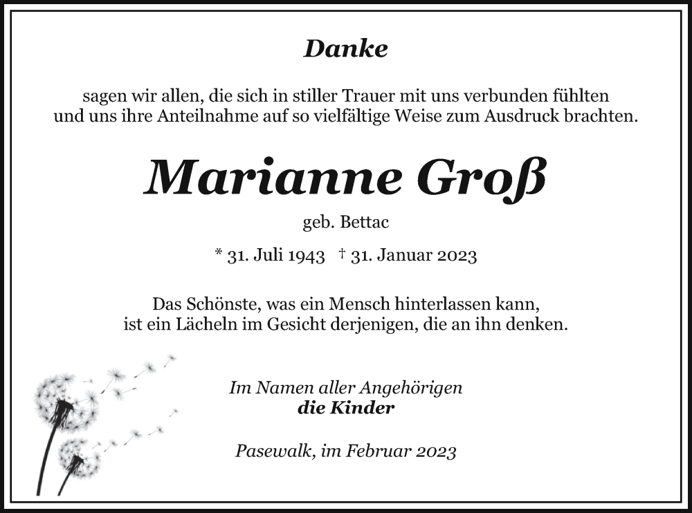  Traueranzeige für Marianne Groß vom 03.03.2023 aus Pasewalker Zeitung