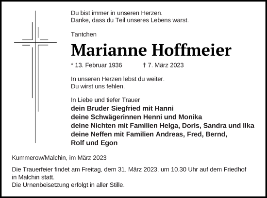 Traueranzeige von Marianne Hoffmeier von Mecklenburger Schweiz