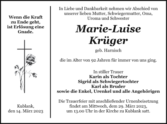 Traueranzeige von Marie-Luise Krüger von Strelitzer Zeitung