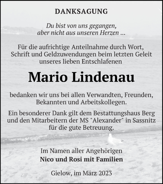 Traueranzeige von Mario Lindenau von Mecklenburger Schweiz