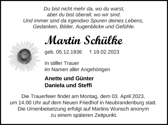 Traueranzeige von Martin Schülke von Strelitzer Zeitung
