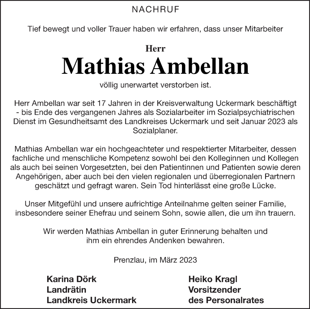  Traueranzeige für Mathias Ambellan vom 15.03.2023 aus Uckermark Kombination