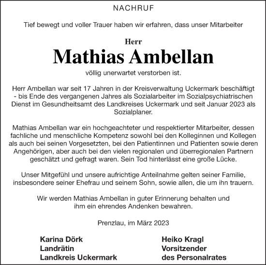 Traueranzeige von Mathias Ambellan von Uckermark Kombination