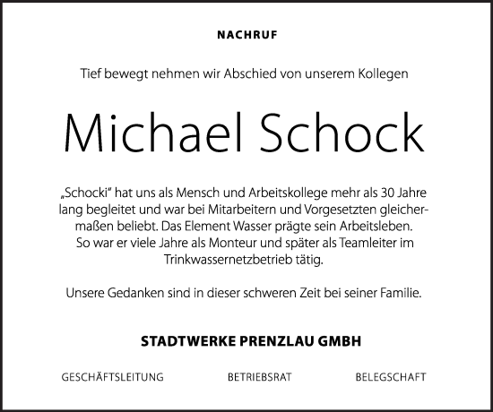 Traueranzeige von Michael Schock von Prenzlauer Zeitung