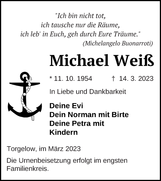 Traueranzeige von Michael Weiß von Haff-Zeitung