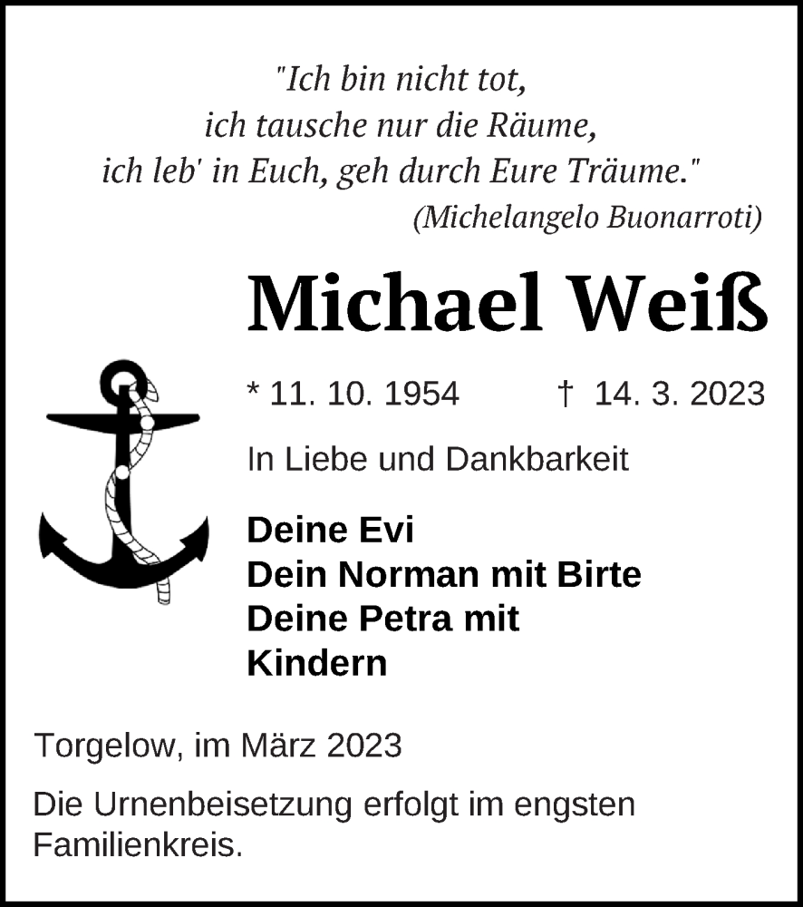  Traueranzeige für Michael Weiß vom 17.03.2023 aus Haff-Zeitung