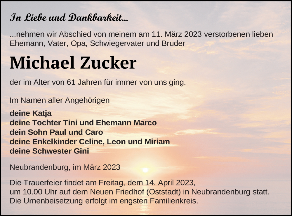  Traueranzeige für Michael Zucker vom 17.03.2023 aus Neubrandenburger Zeitung