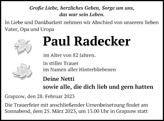 Traueranzeige von Paul Radecker von Neubrandenburger Zeitung