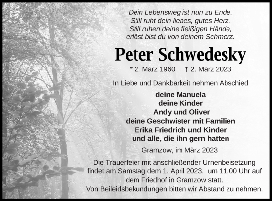 Traueranzeige von Peter Schwedesky von Prenzlauer Zeitung