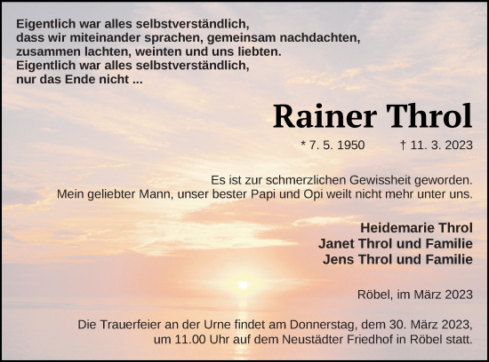 Traueranzeige von Rainer Throl von Müritz-Zeitung