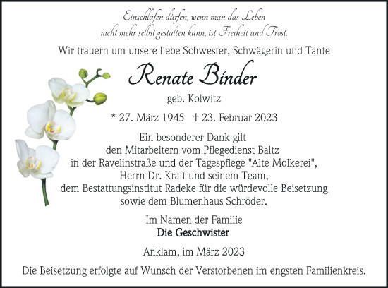 Traueranzeige von Renate Binder von Vorpommern Kurier