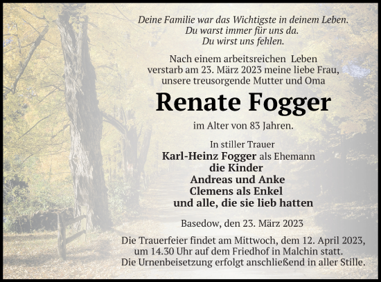 Traueranzeige von Renate Fogger von Mecklenburger Schweiz