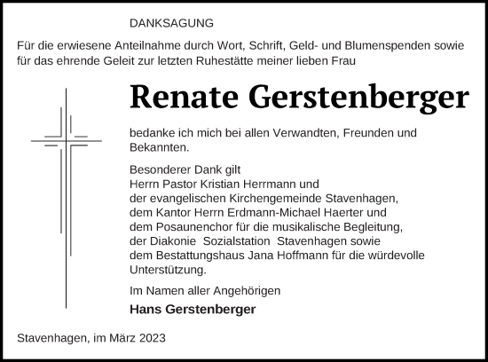 Traueranzeige von Renate Gerstenberger von Mecklenburger Schweiz