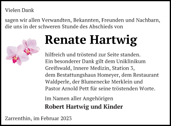 Traueranzeige von Renate Hartwig von Vorpommern Kurier