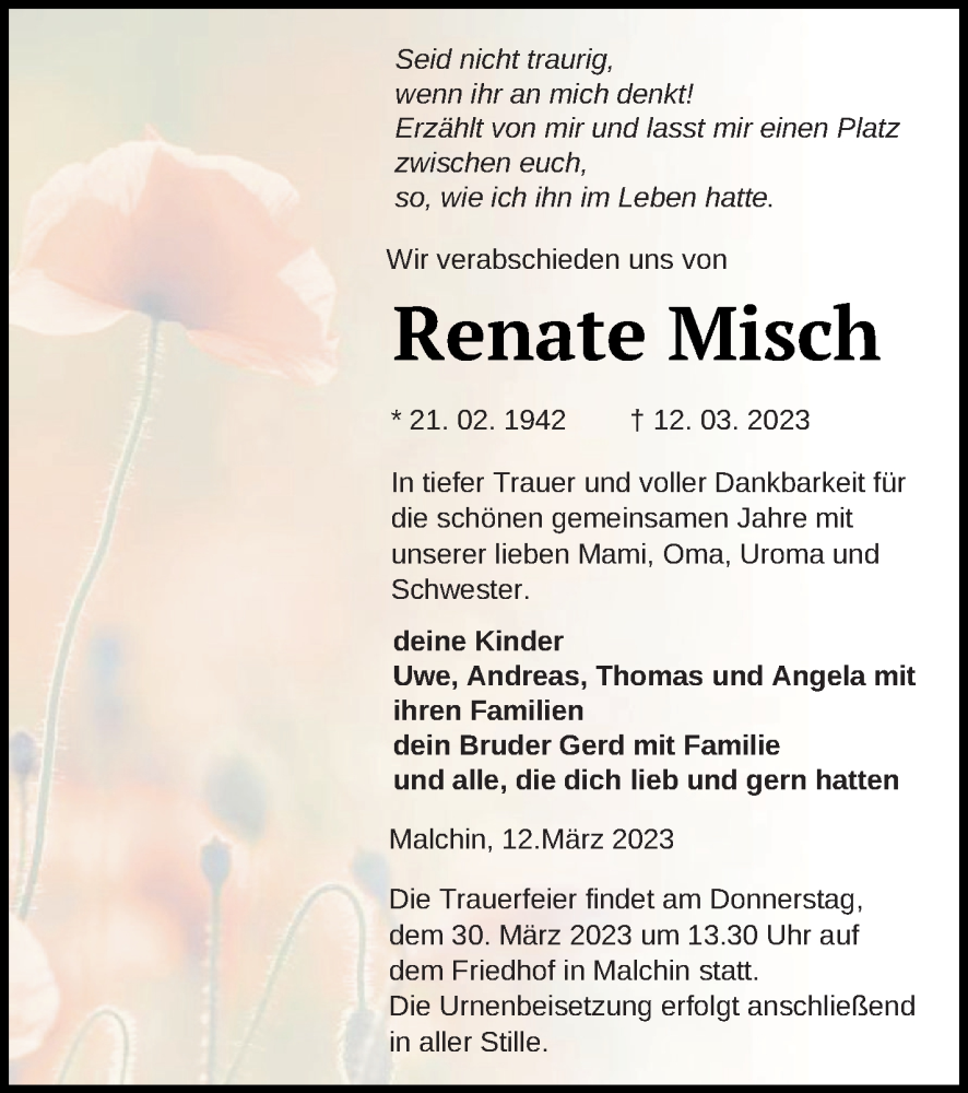  Traueranzeige für Renate Misch vom 17.03.2023 aus Mecklenburger Schweiz