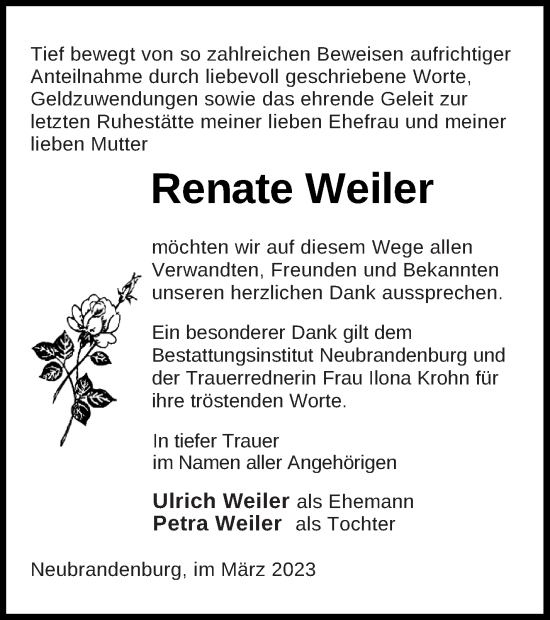 Traueranzeige von Renate Weiler von Pasewalker Zeitung