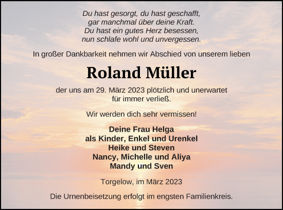 Traueranzeige von Roland Müller von Haff-Zeitung