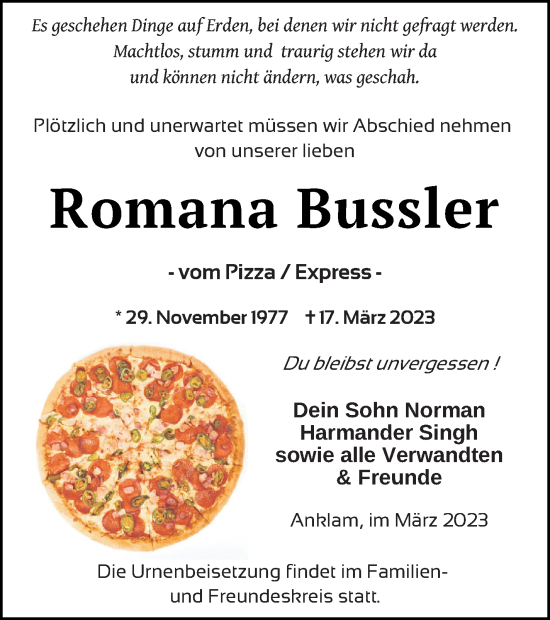 Traueranzeige von Romana Bussler von Vorpommern Kurier