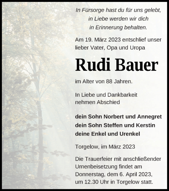 Traueranzeige von Rudi Bauer von Haff-Zeitung