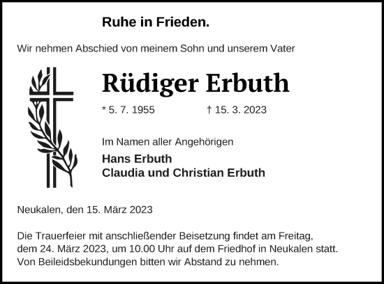 Traueranzeige von Rüdiger Erbuth von Mecklenburger Schweiz