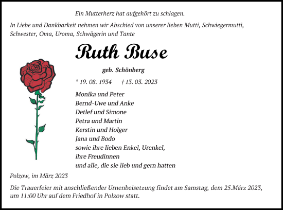 Traueranzeige von Ruth Buse von Pasewalker Zeitung