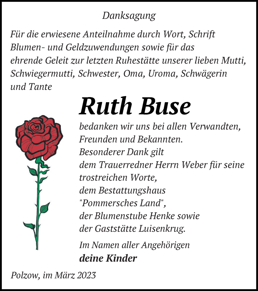  Traueranzeige für Ruth Buse vom 31.03.2023 aus Pasewalker Zeitung