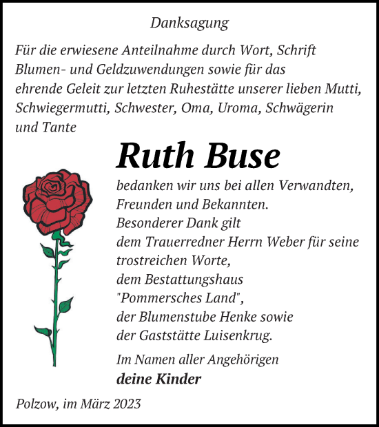 Traueranzeige von Ruth Buse von Pasewalker Zeitung