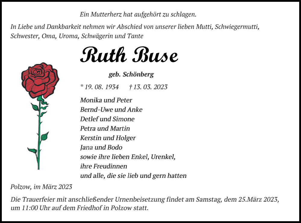  Traueranzeige für Ruth Buse vom 17.03.2023 aus Pasewalker Zeitung