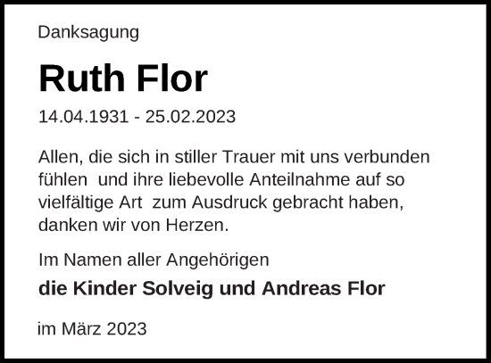 Traueranzeige von Ruth Flor von Neubrandenburger Zeitung