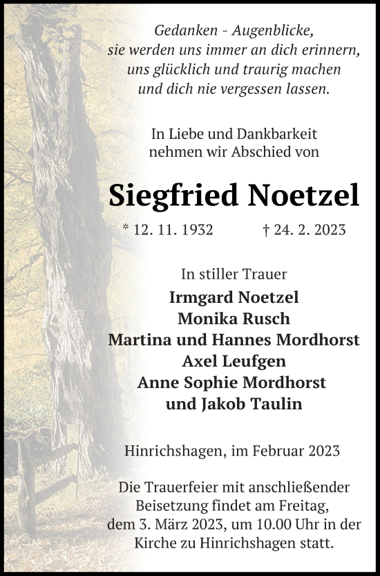 Traueranzeige von Siegfried Noetzel von Neubrandenburger Zeitung