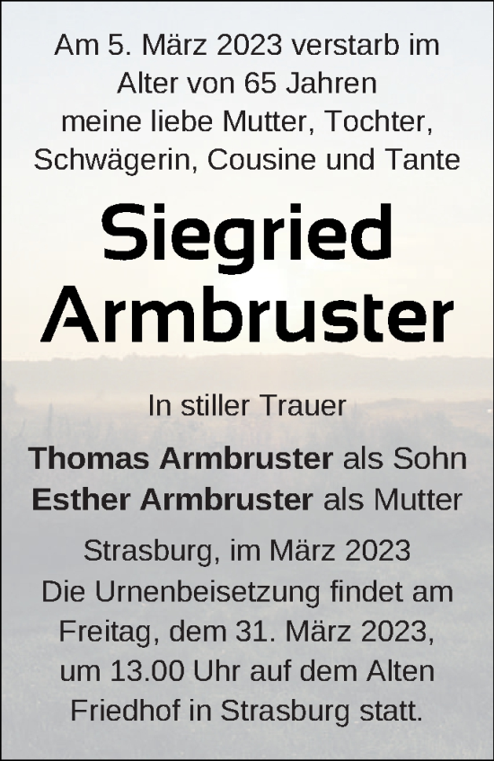 Traueranzeige von Siegried Armbruster von Pasewalker Zeitung