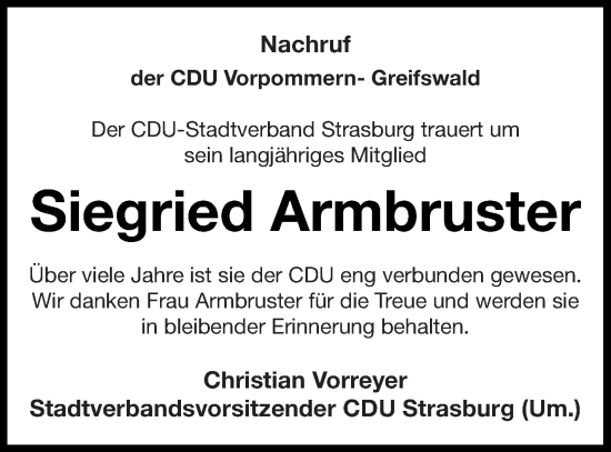 Traueranzeige von Siegried Armbruster von Pasewalker Zeitung