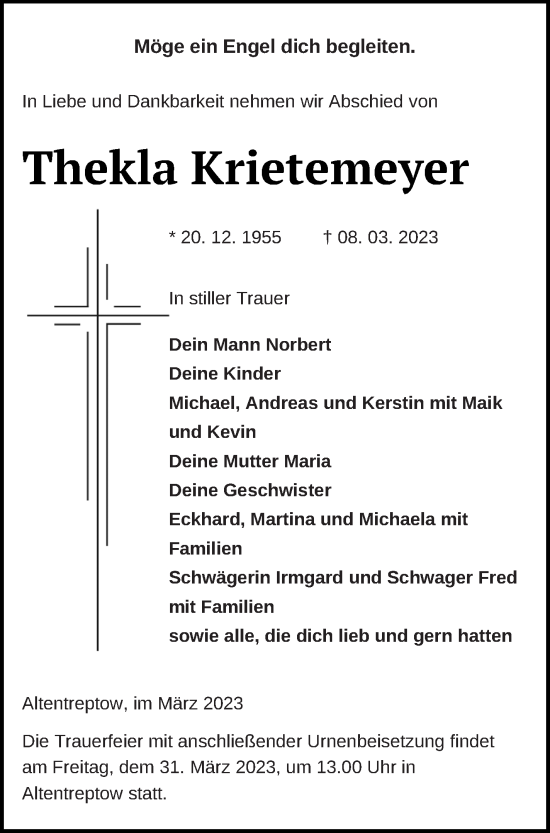 Traueranzeige von Thekla Krietemeyer von Mecklenburger Schweiz