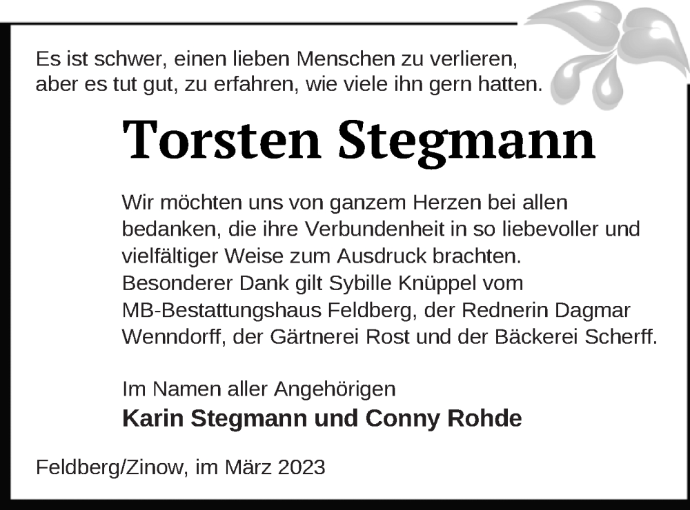  Traueranzeige für Torsten Stegmann vom 04.03.2023 aus Strelitzer Zeitung