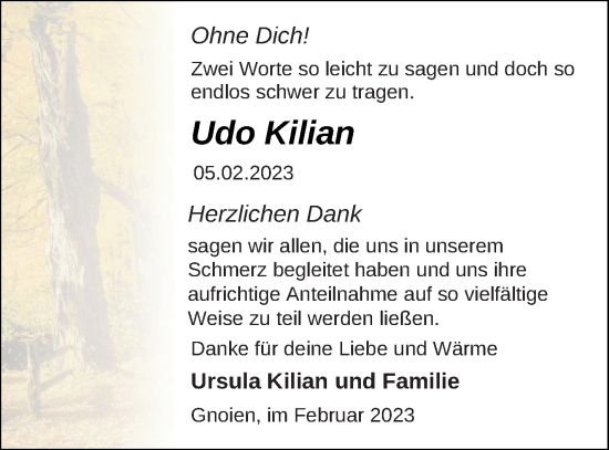 Traueranzeige von Udo Kilian von Mecklenburger Schweiz