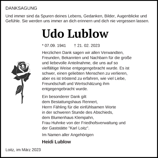 Traueranzeige von Udo Lublow von Vorpommern Kurier