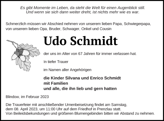 Traueranzeige von Udo Schmidt von Prenzlauer Zeitung