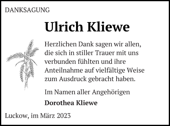 Traueranzeige von Ulrich Kliewe von Haff-Zeitung